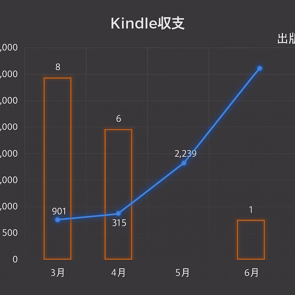 Kindle出版副業4ヵ月目の収益と出版数の推移グラフ。3月から6月にかけて収益が急増し、6月には過去最高の収益を記録。副業・電子書籍・KDP収益化の参考データ。